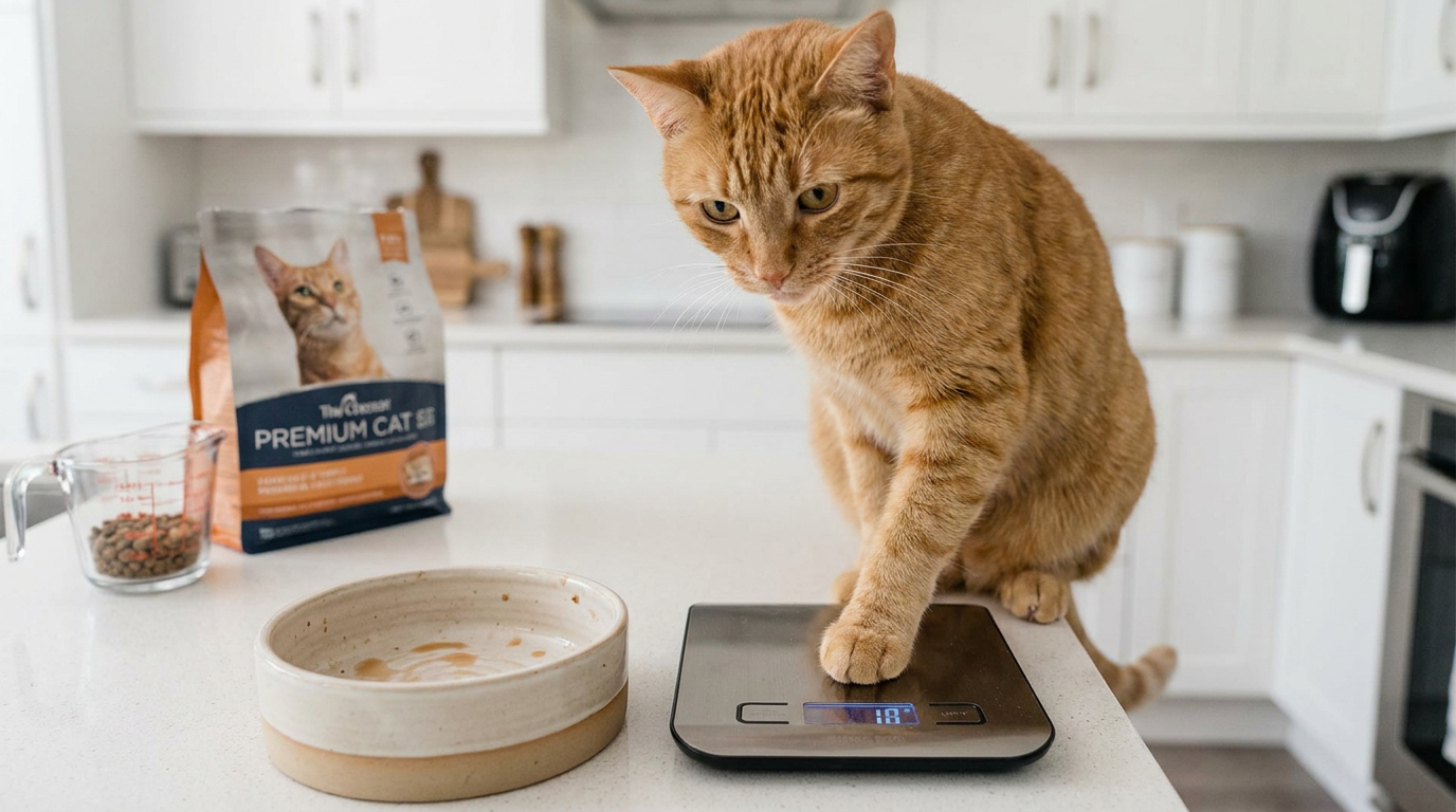 Editorial illustration — senior cat weighed at home during a vet video call, RexVet FL/NY/VA